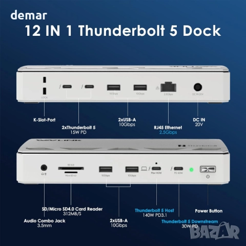 WAVLINK Thunderbolt 5 Dock, 12-в-1 TB5 докинг станция, 8K дисплей, снимка 2 - Други - 52693344