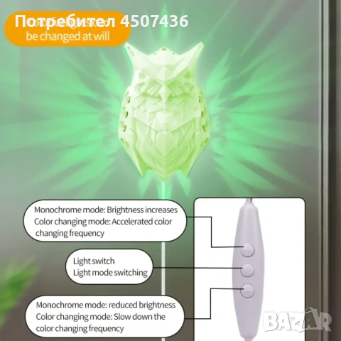 3D магическа стенна нощна лампа бухал с LED проекция,многоцветна, снимка 8 - Лед осветление - 53066873