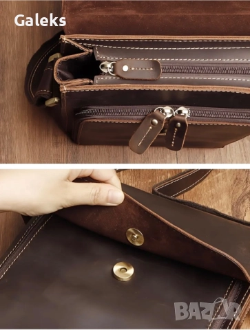 Луксозна кожена чанта за през рамо/ Кавалер • Кафява Crazy Horse естест. кожа!!, снимка 6 - Чанти - 50309158