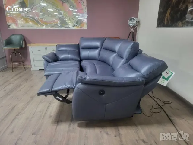 ПРОМОЦИЯ!!! Син кожен ъглов диван "Albion" с електрически релаксиращ механизъм, снимка 9 - Дивани и мека мебел - 47582492