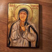 Старинна ръчно рисувана икона на Майка Тереза от Калкута  - светица грижеща се за най-бедните и болн, снимка 1 - Икони - 44354913