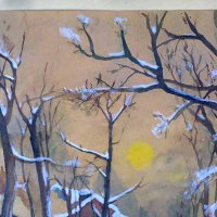 Зимен пейзаж, акварел, стара картина, снимка 2 - Картини - 29121088