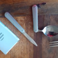 вилица лъжица и нож къмпинг комплект метални нови в черна торбичка, стомана и алуминий, снимка 1 - Прибори за хранене, готвене и сервиране - 37407929