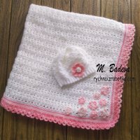 Комплект за бебе - Плетена пелена и шапка - Момиче, снимка 4 - Спално бельо и завивки - 34064966