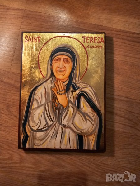 Старинна ръчно рисувана икона на Майка Тереза от Калкута  - светица грижеща се за най-бедните и болн, снимка 1