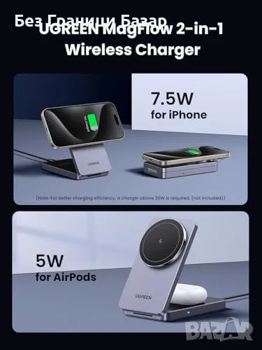 Ново UGREEN 15W безжично зарядно Qi стойка станция за iPhone и AirPods, снимка 1