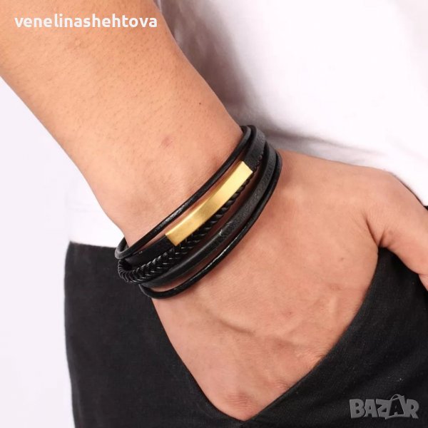 Стилна мъжка гривна от естествена кожа с магнитно закопчаване , снимка 1