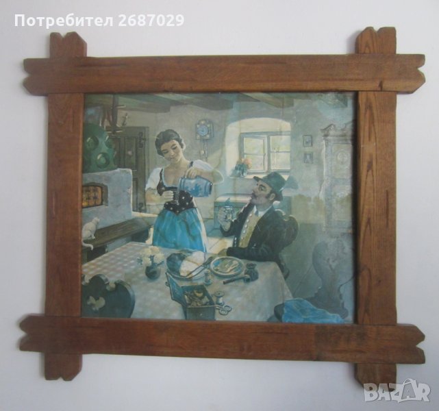 Стара масивна голяма дървена рамка с приятен кръчмарски принт, снимка 1