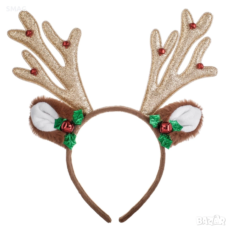 Коледна диадема еленови рога кафяви със звънчета и брокат 12 см_1255090, снимка 1