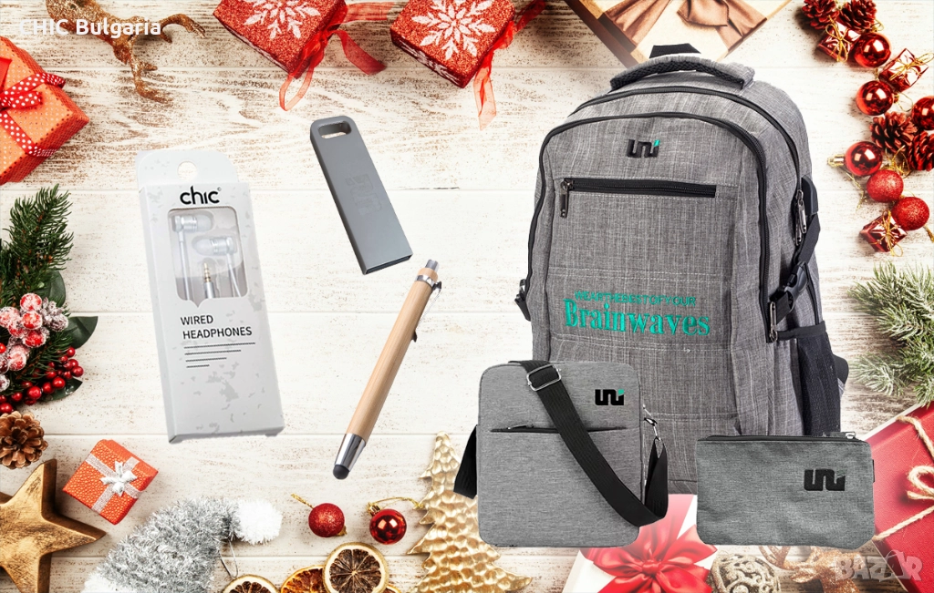 Раница с USB, флашка, слушалки и химикал + Подарък коледни лакомства, снимка 1