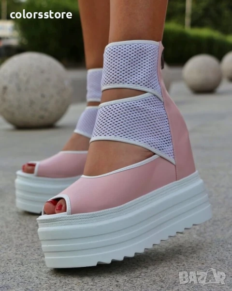 Летни боти на платформа - пудра кожа с бяло ходило - LB70

., снимка 1