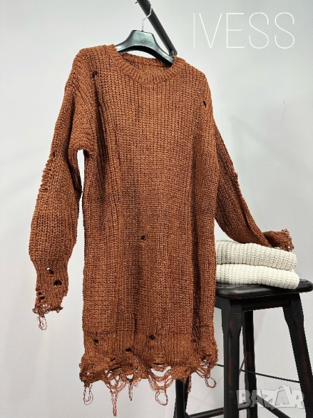 Дамски дълъг накъсан пуловер / туника 4цвята , снимка 1