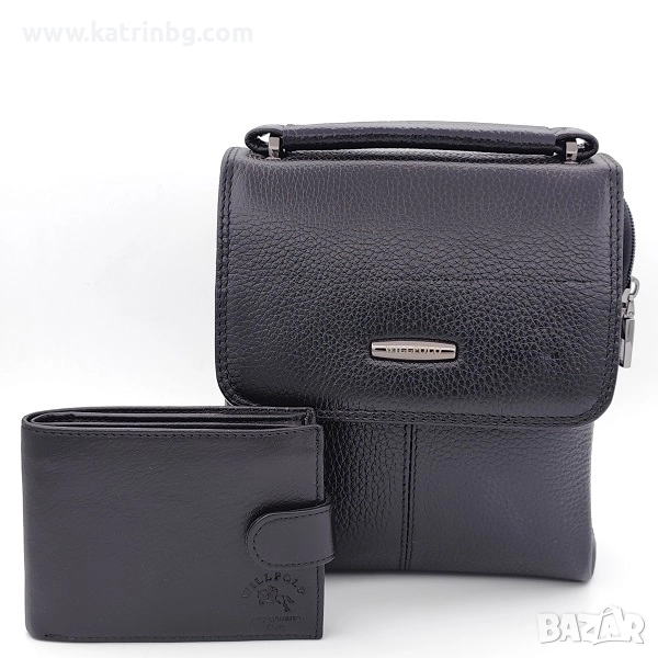 Подаръчен комплект за мъж -Чанта с капак и портфейл от естествена кожа в черно, снимка 1