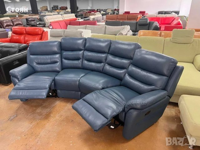 Син кожен извит диван четворка с ръчен релаксиращ механизъм, снимка 2 - Дивани и мека мебел - 39973097