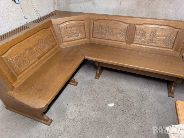 🪵🍷 Ъглова пейка от масивен дъб с лозаро-винарска дърворезба, снимка 9 - Дивани и мека мебел - 53974956