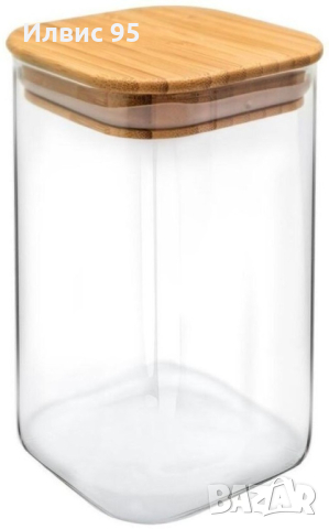 Стъклен буркан с дървена капачка, снимка 1 - Буркани, бутилки и капачки - 44913946