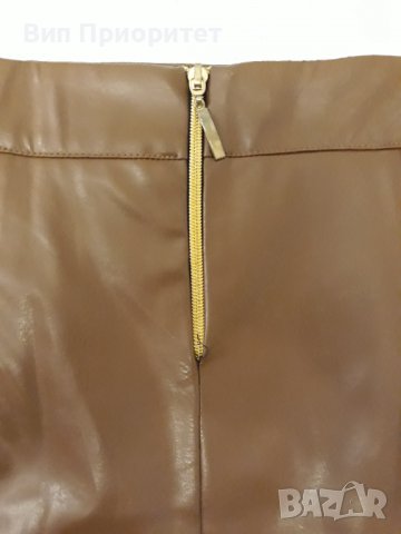 SLN R :маркова тютюнев цвят кожена къса сексапилна и впечатляваща пола ,със златен цип отзад и цепка, снимка 8 - Поли - 37423559