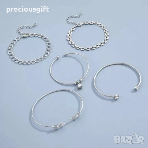 Комплект бижута - 5 броя гривни, налични в цвят злато и сребро, снимка 6 - Гривни - 53083802