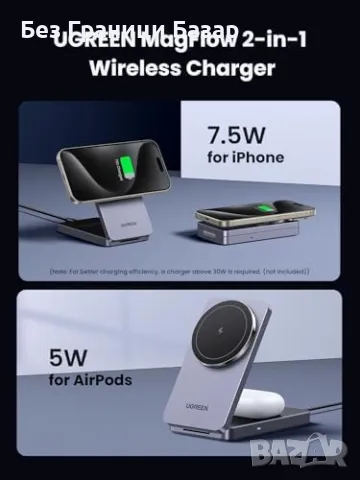 Ново UGREEN 15W безжично зарядно Qi стойка станция за iPhone и AirPods