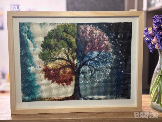 Ръчно изработен Диамантен Гоблен "Четирите Сезона" в дървена рамка, снимка 3 - Гоблени - 54093132