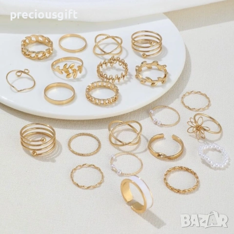 Комплект бижута - 22 броя пръстени, налични в цвят злато или сребро, снимка 5 - Пръстени - 53071172