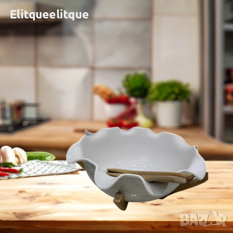 Керамична купа с дървена стойка и прибори за сервиране, снимка 2 - Декорация за дома - 52187177