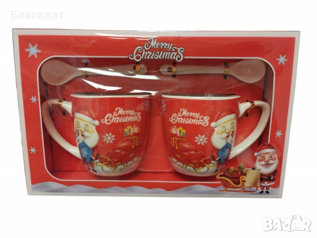 Комплект от 2 керамични чаши с лъжица, коледна тематика, опаковани в подходяща кутия, снимка 3 - Чаши - 52411154