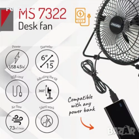 Вентилатор USB Rosberg 2.5W настолен, снимка 2 - Вентилатори - 54066186