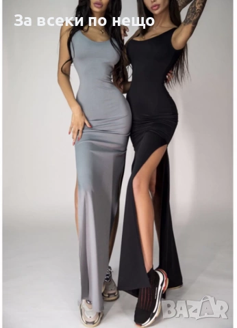 Дамска Черна Дълга Еластична Рокля С Цепка Long Код Верона30