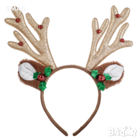 Коледна диадема еленови рога кафяви със звънчета и брокат 12 см_1255090