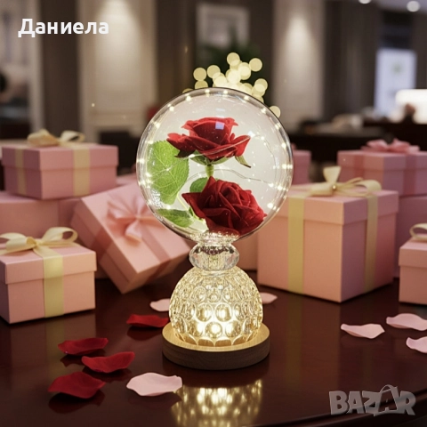 Лампа с вечни рози и топла LED светлина – подарък, който не увяхва