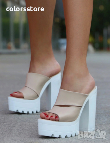 Чехли на ток - бежова кожа с бяло ходило - CL100