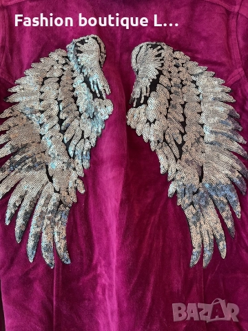 Цикламен плюшен суитчър с цип и качулка , а на гърба ангелски крила от сребърни пайети 80% памук 🩷, снимка 6 - Суичъри - 52116673