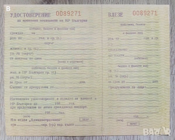 Удостоверение за временно посещение на НР България от 1987 г.