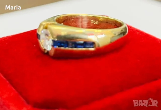 Златен  пръстен  жълто злато , брилянт и сапфири Unisex , снимка 8 - Пръстени - 49243250