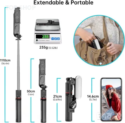 Трипод- селфи стик със запълваща светлина SelfieShow, снимка 9 - Чанти, стативи, аксесоари - 49105000