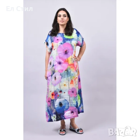 💕Рокля на цветя за едри жени с обло деколте и къс ръкав