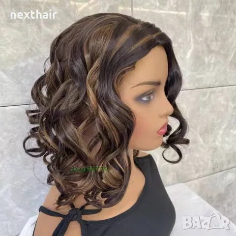Къса кестенява къдрава перука на път с кичури, снимка 1