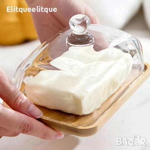 Стъклена кутия за масло с акациева и стъклен капак, снимка 4 - Други - 52339847