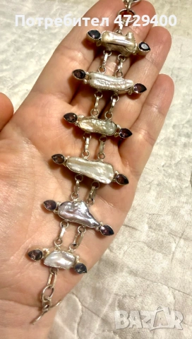 Гривна от естествен бароков перлен и аметисти, снимка 2 - Гривни - 53373790