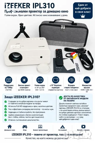 Проектор iZEEKER iPL310, 13000 лумина,4К Full HD, 5G WiFi, Bluetooth, 200 инча