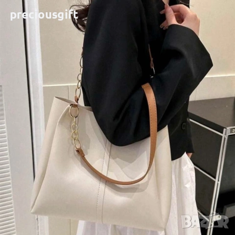 Дамска голяма кожена бежова чанта, снимка 2 - Чанти - 54139423