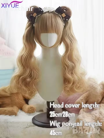 Аниме косплей медено руса перука с две подвижни опашки, снимка 3 - Аксесоари за коса - 51314321