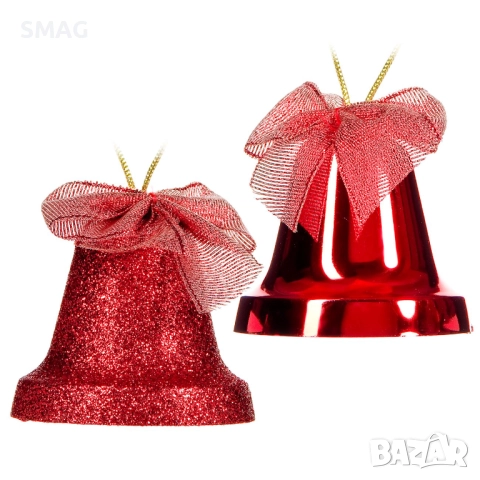 Комплект коледни камбани, червени, лъскави с брокат, 6 см – 4 бр._1120820