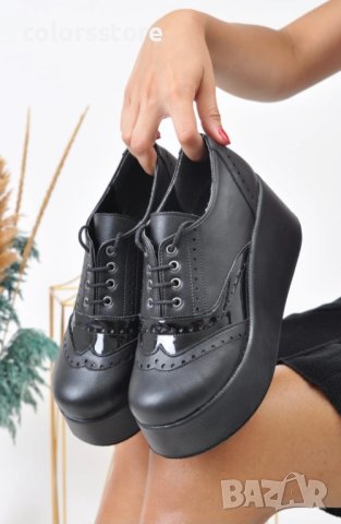 Обувки на платформа - черна кожа - 450-L