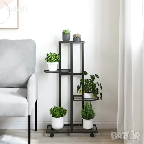 vidaXL 4-етажна стойка за цветя на колела, 44x23x80 см, черна, желязо, снимка 3 - Саксии и кашпи - 56147172
