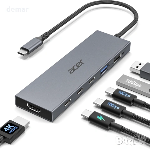 Acer 6-в-1 USB C хъб 10Gbps, USB C към HDMI адаптер 4K@60Hz, 2×USB-C 3.2, 1×USB A 3.2, 1×USB 2.0