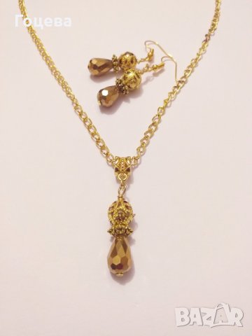 Разкошен комплект обеци и колие от златни кристали и златен полускъпоценен камък Хематит, снимка 3 - Бижутерийни комплекти - 29891606