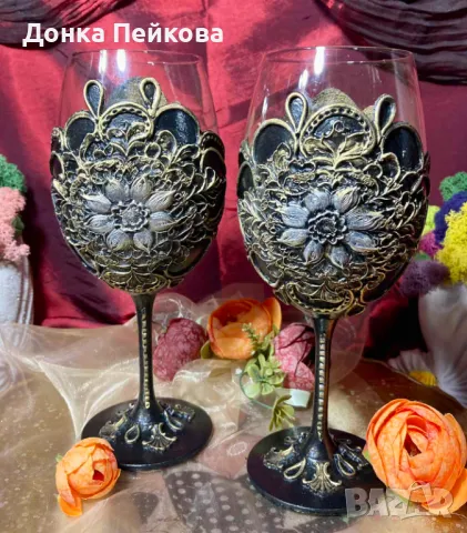 Ръчна изработка две чаши за вино , снимка 5 - Чаши - 49301470