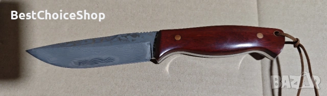 Goodchef Нож за лов D2 с дамаска шарка ергономична дръжка от розово дърво – Кожена кания, снимка 7 - Ножове - 53095996